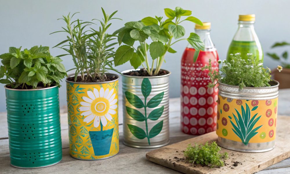 Horta caseira em recipientes reciclados como vasos, mostrando latas decoradas, garrafas PET e caixotes com diferentes plantas.