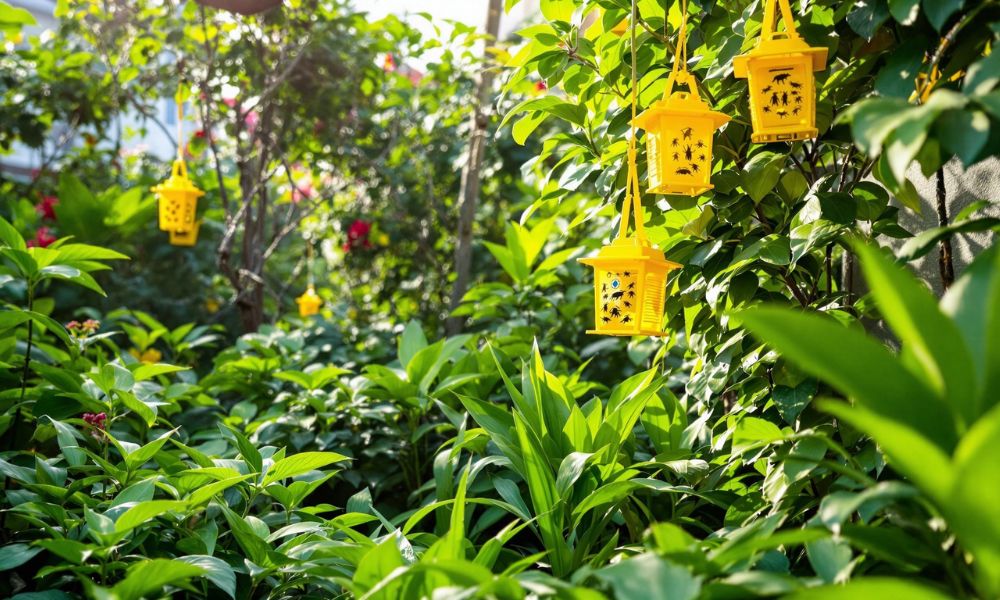 Múltiplas armadilhas amarelas em formato de lanterna penduradas em um jardim exuberante, utilizadas para o controle natural de insetos e pragas em plantas.