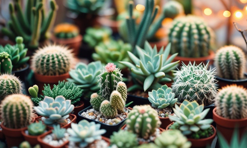 Variedade de cactos e suculentas em vasos decorativos, formando um jardim compacto e de baixa manutenção, ideal para espaços reduzidos.