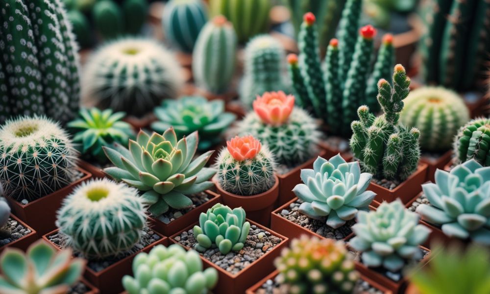 Coleção de cactos e suculentas em diferentes vasos, exibindo várias formas e texturas, perfeita para pequenos jardins.