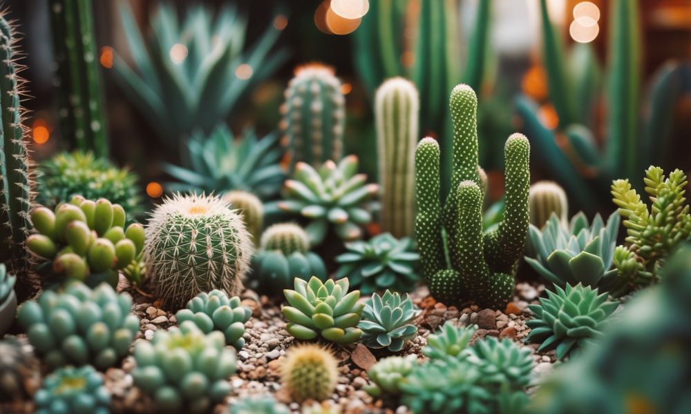 Jardim exuberante com diversas espécies de cactos e suculentas, como opuntias, echinopsis e echeverias, dispostas em pedras para pequenos espaços.