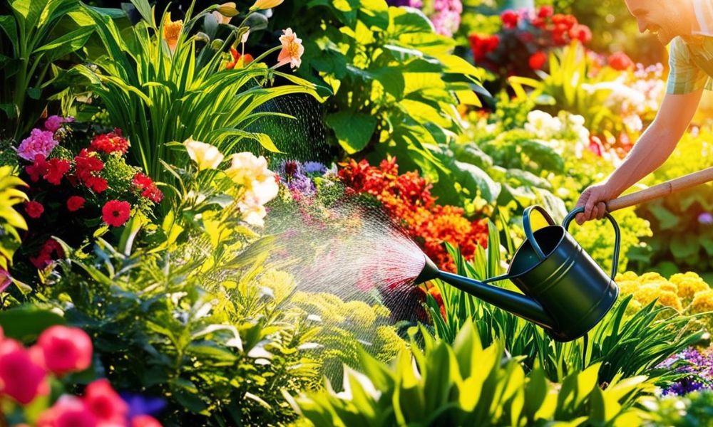 Jardineiro regando plantas e flores coloridas em um jardim ensolarado, mostrando a vitalidade que a luz natural e a hidratação trazem para o crescimento saudável.