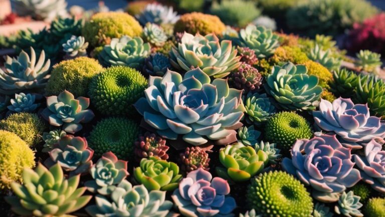 Arranjo diversificado de suculentas coloridas em um jardim, destacando a beleza de cactos e suculentas para cultivo em pequenos espaços.
