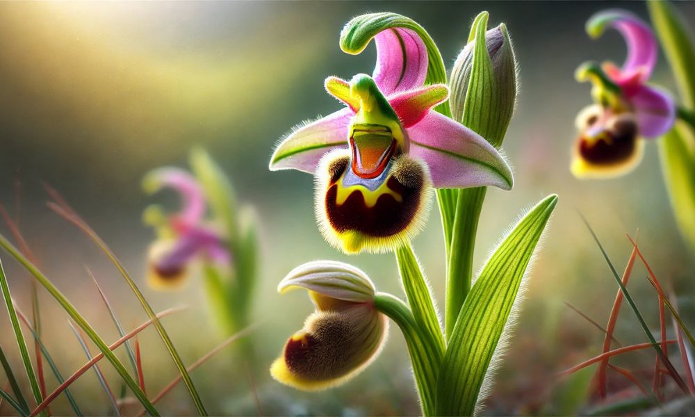 Macro fotografia detalhada de uma orquídea tipo Ophrys (Orquídea Abelha) com labellum marrom-amarelado imitando um inseto e pétalas roxas, em fundo verde desfocado.