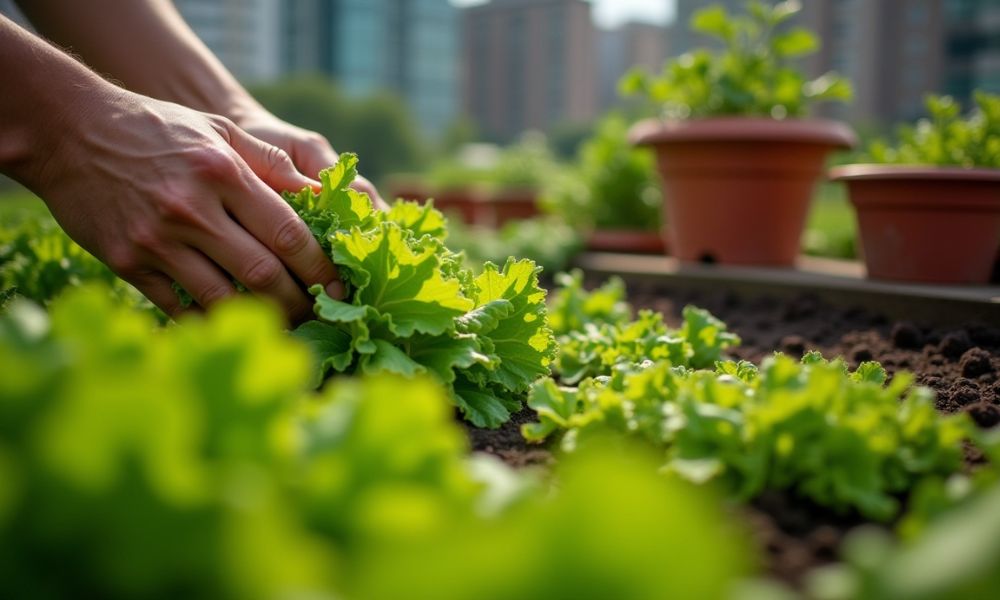 Mãos cuidando de alface verde vibrante em uma horta orgânica. Cultivo natural para plantas saudáveis e protegidas de pragas.
