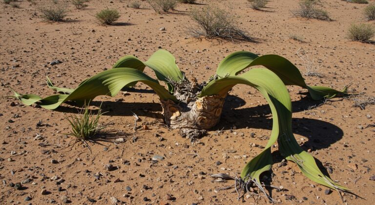 A extraordinária Welwitschia mirabilis em seu habitat natural no deserto da Namíbia. Esta fascinante suculenta possui apenas duas folhas que crescem continuamente ao longo de sua vida, que pode ultrapassar 1.500 anos.