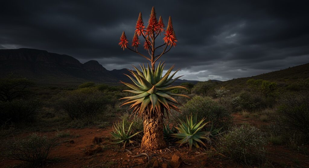 Aloe vera exibindo suas cores surpreendentes com impressionantes hastes florais com flores tubulares alaranjadas que contrastam com as folhas verde-acinzentadas.