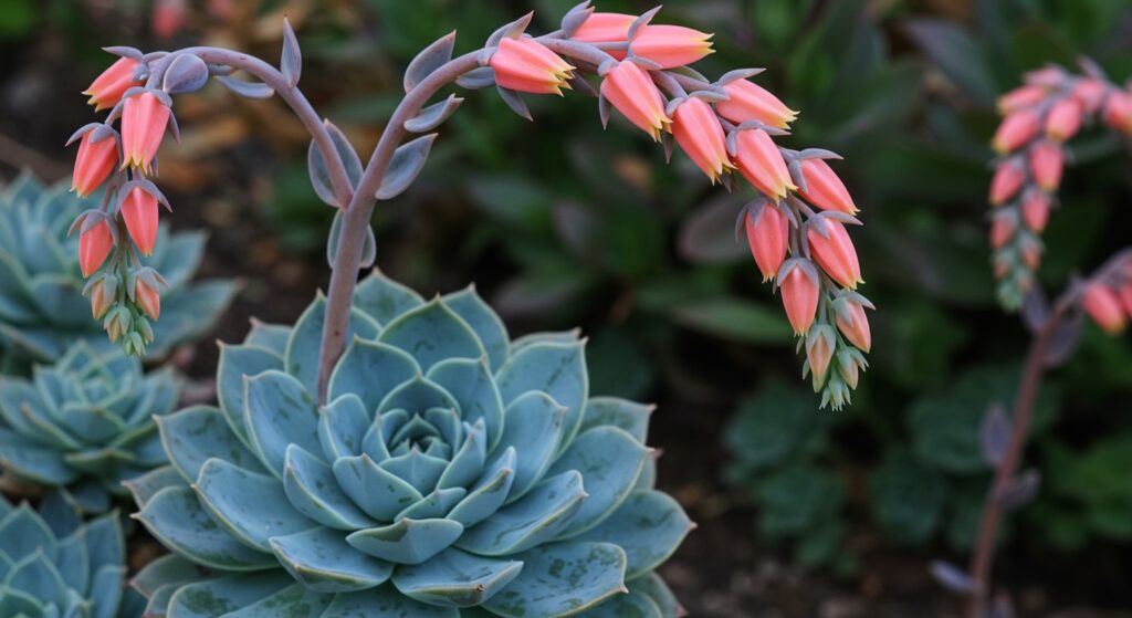 Suculentas com cores surpreendentes está a Echeveria mostrando sua característica de roseta geométrica na base e elegantes hastes florais arqueadas com delicadas flores em tons de coral. 