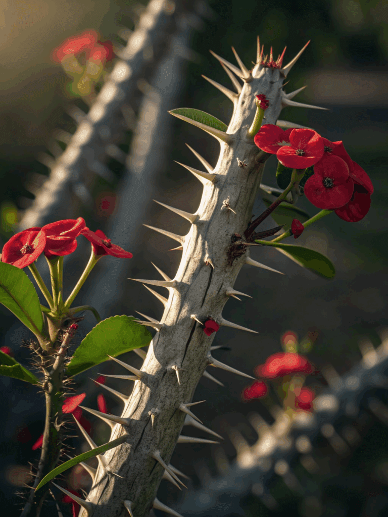 Na imagem está a Euphorbia milii (Coroa-de-cristo) com cores surpreendentes e espinhos acinzentados no seu caule.