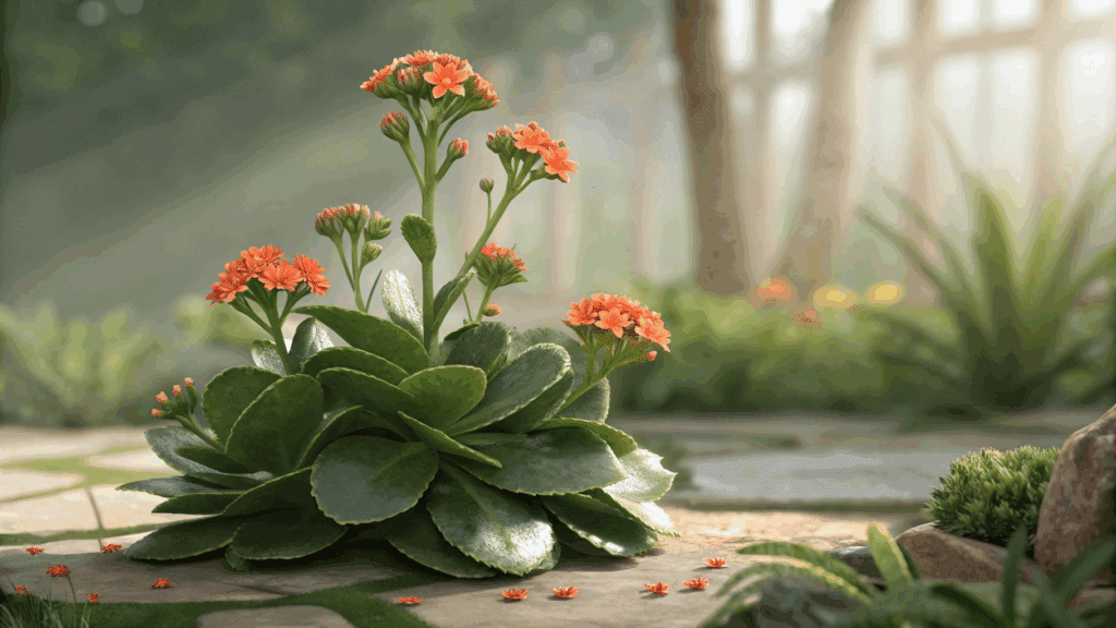 Kalanchoe blossfeldiana (Flor-da-fortuna) com cores surpreendentes, como essa alaranjada.