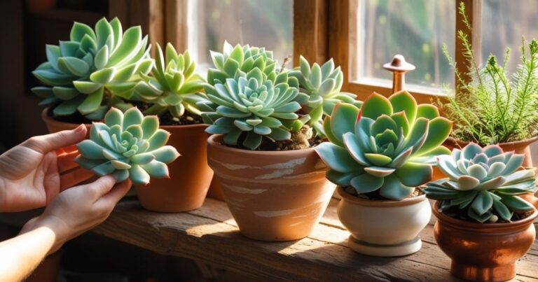 Arranjo de suculentas saudáveis em vasos de terracota, bem iluminadas por luz natural, simbolizando o cultivo ideal para rega de suculentas.
