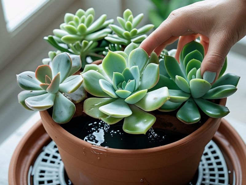 Água escoando livremente pelos furos de drenagem de um vaso de suculenta, mostrando a drenagem impecável essencial.