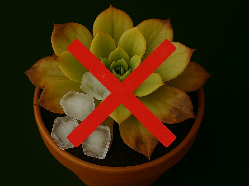 Suculenta com cubos de gelo e um X vermelho, desmistificando técnicas de rega erradas.