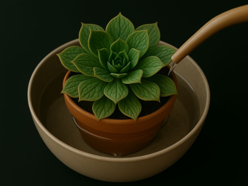Vaso de suculenta sendo regado por imersão em um recipiente com água, técnica de rega para suculentas que garante absorção uniforme.