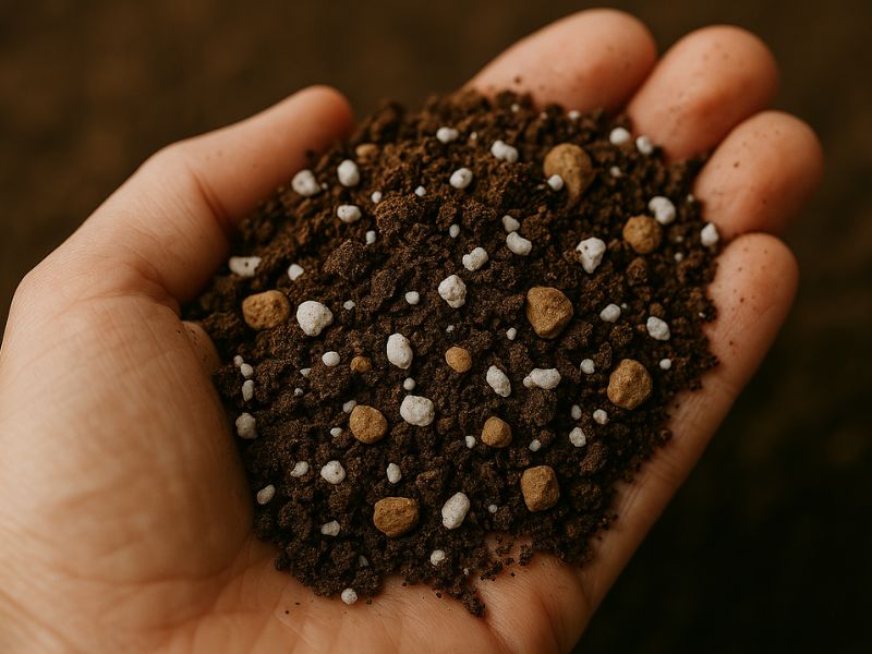 Substrato de suculentas com perlita e pedriscos, mostrando a mistura ideal para drenagem rápida e prevenção de apodrecimento.