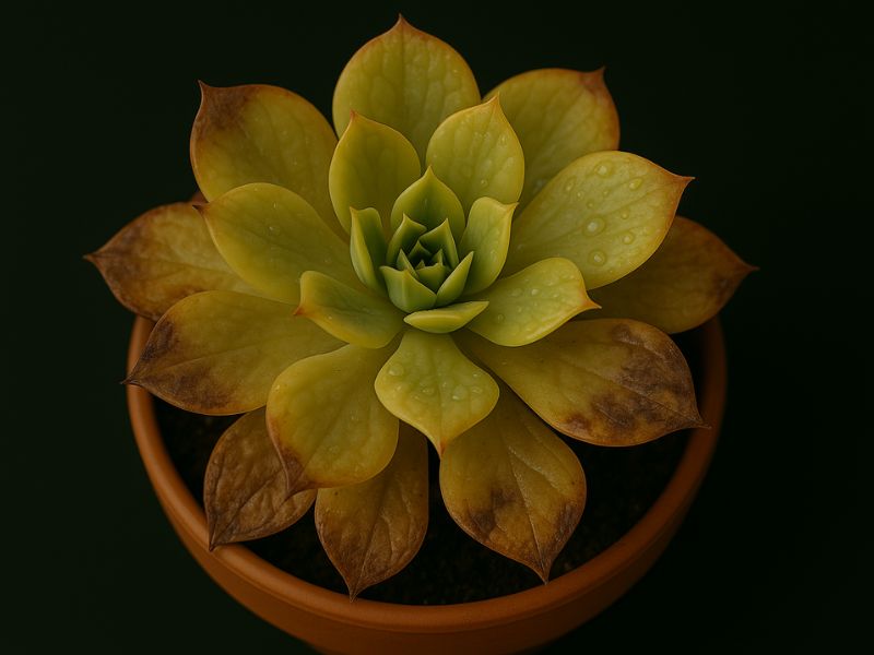 Suculenta com folhas amareladas, moles e translúcidas, sinais de excesso de água e possível apodrecimento.