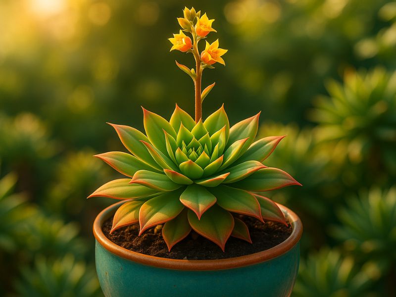 Suculenta florescendo, vibrante e saudável, simbolizando o sucesso no cultivo de suculentas e a conexão com a natureza.