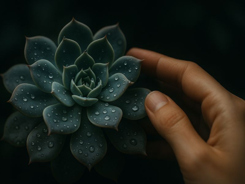 Close-up de uma suculenta Echeveria vibrante com gotas de água nas folhas, representando a beleza e a conexão no cultivo de suculentas.