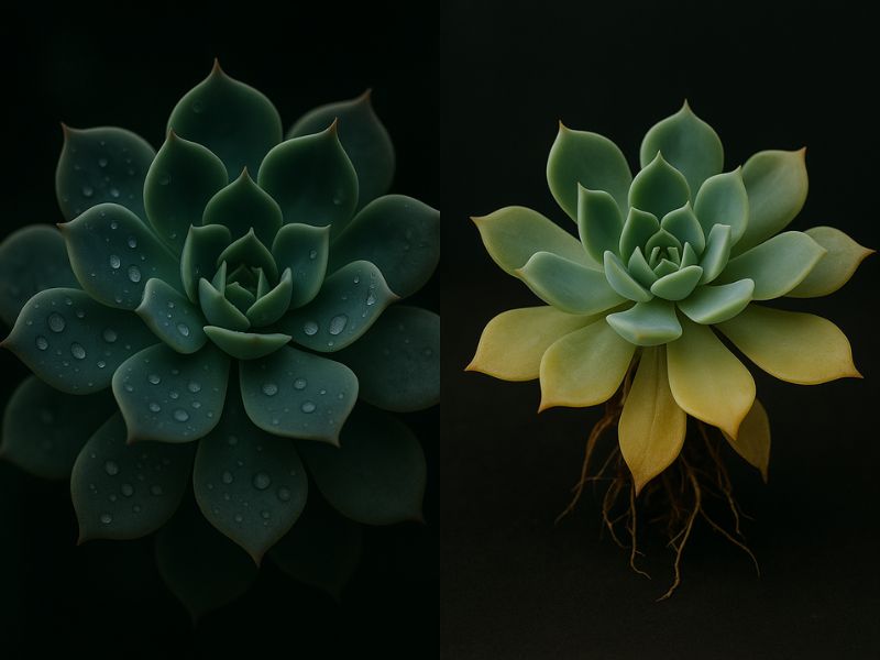 Contraste entre suculenta saudável e uma suculenta com sinais de excesso de rega, destacando a importância da hidratação correta.